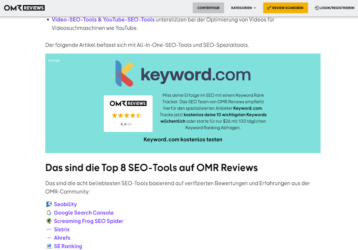 Werbe-Banner von keyword.com auf dem Artikel https://omr.com/de/reviews/contenthub/beste-seo-tools 