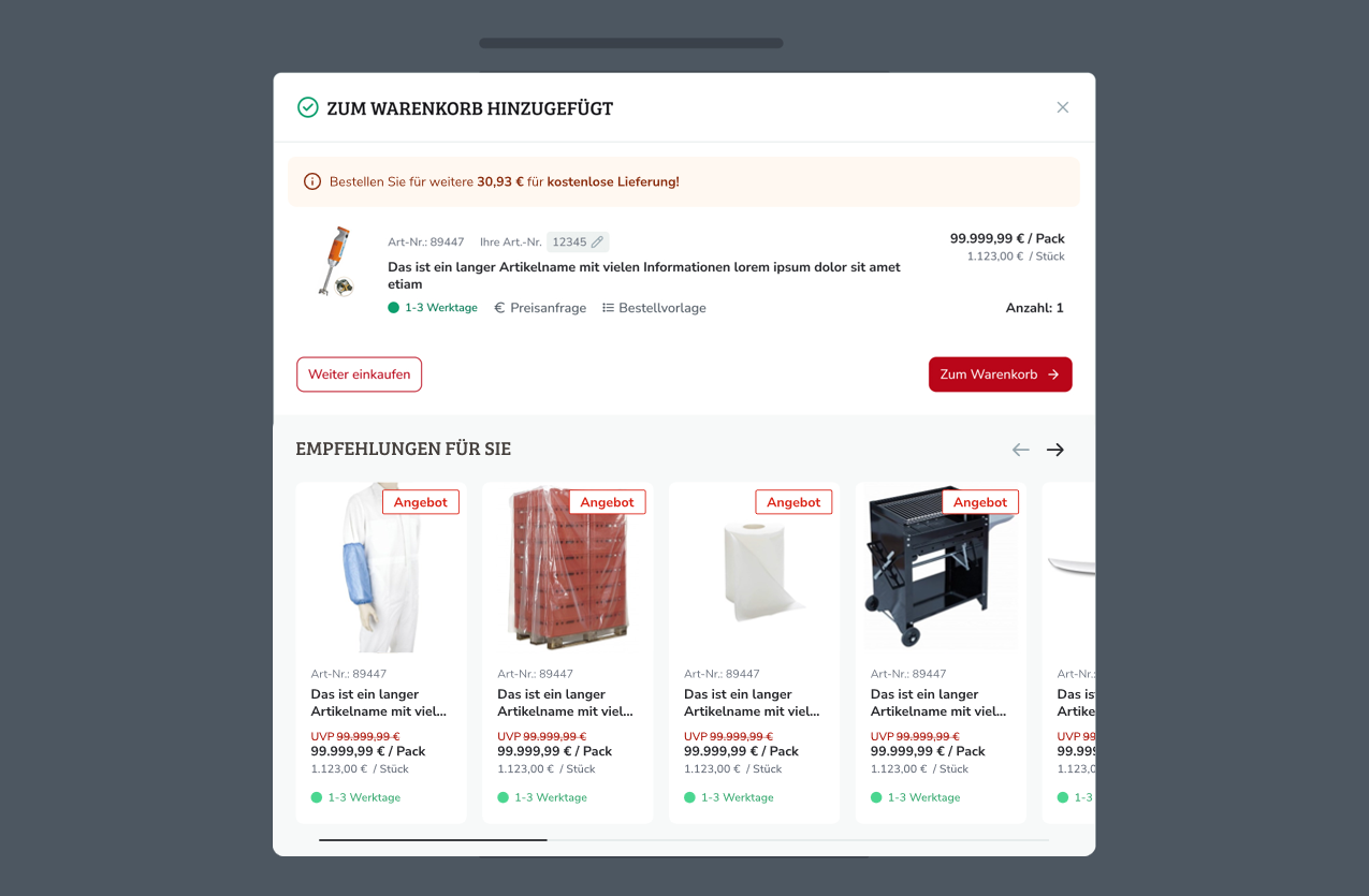 Screenshot des Ehlert-Onlineshops mit empfehlenswerte weitere Produkte vor dem Checkout-Prozess