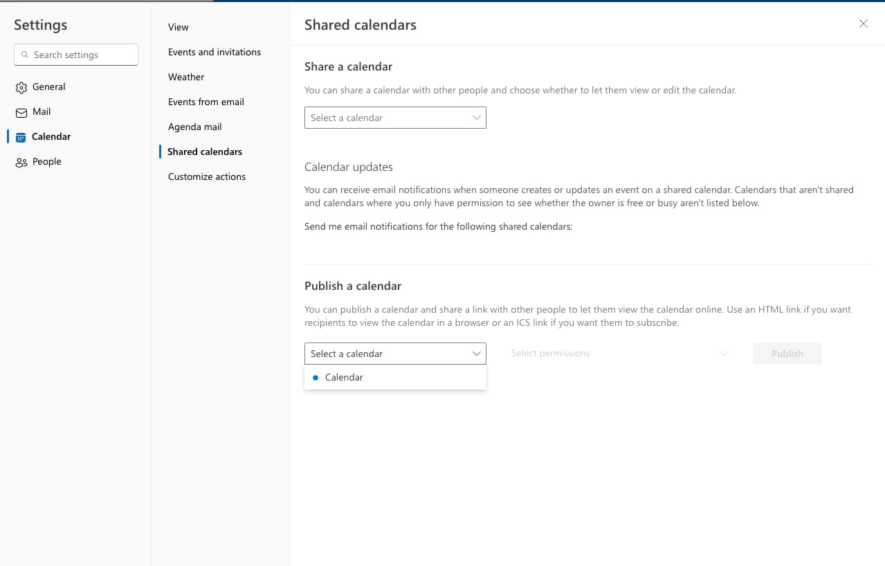 Outlook Publish a Calendar Section