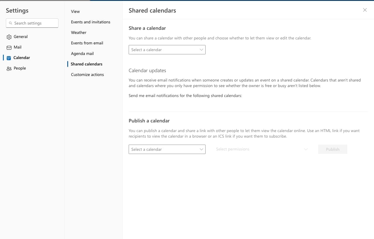 Outlook - Shared Calendars section