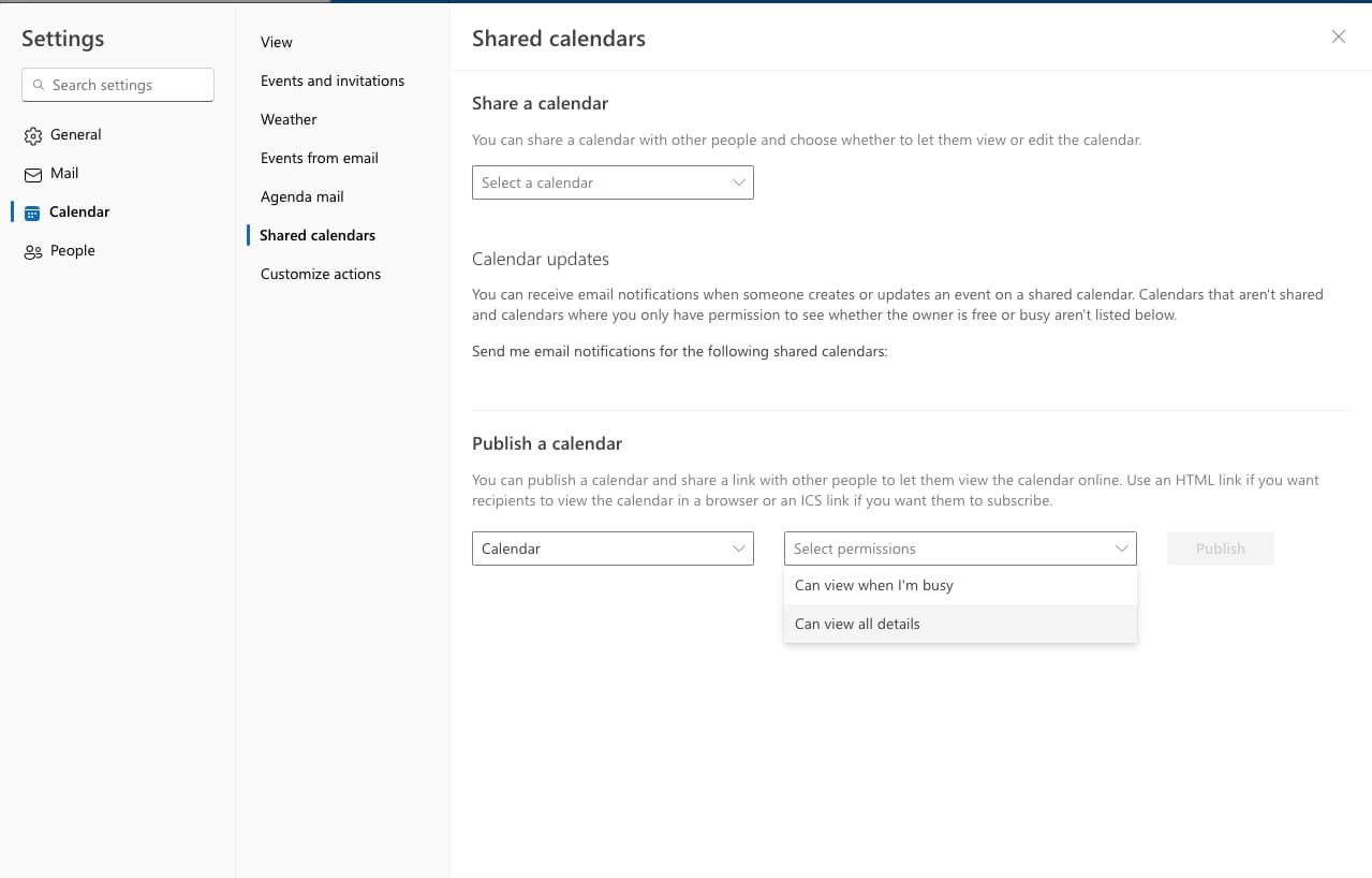 Outlook - Select calendar permissions