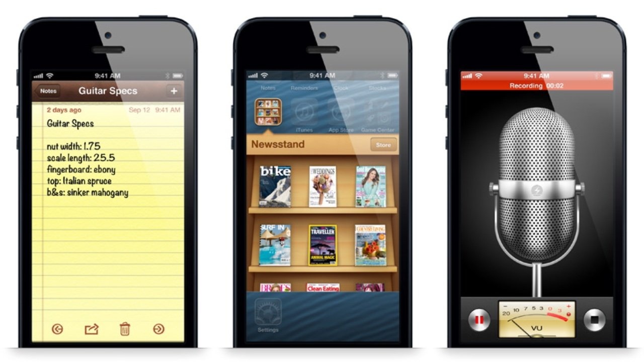 The original Notes, News and Voice Recording iPhone apps showcasing skeuomorphism in action.