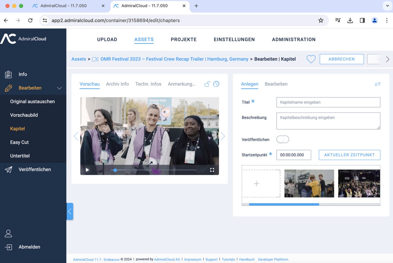 Screenshot 3: AdmiralCloud als MAM-Software für Videos