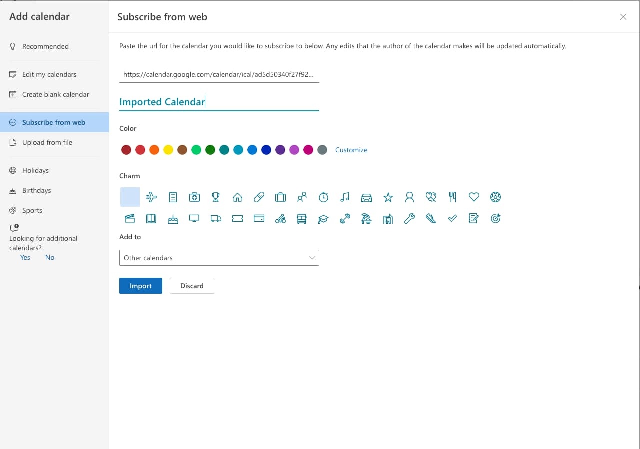 Outlook - Paste the URL we copied from Google Calendar