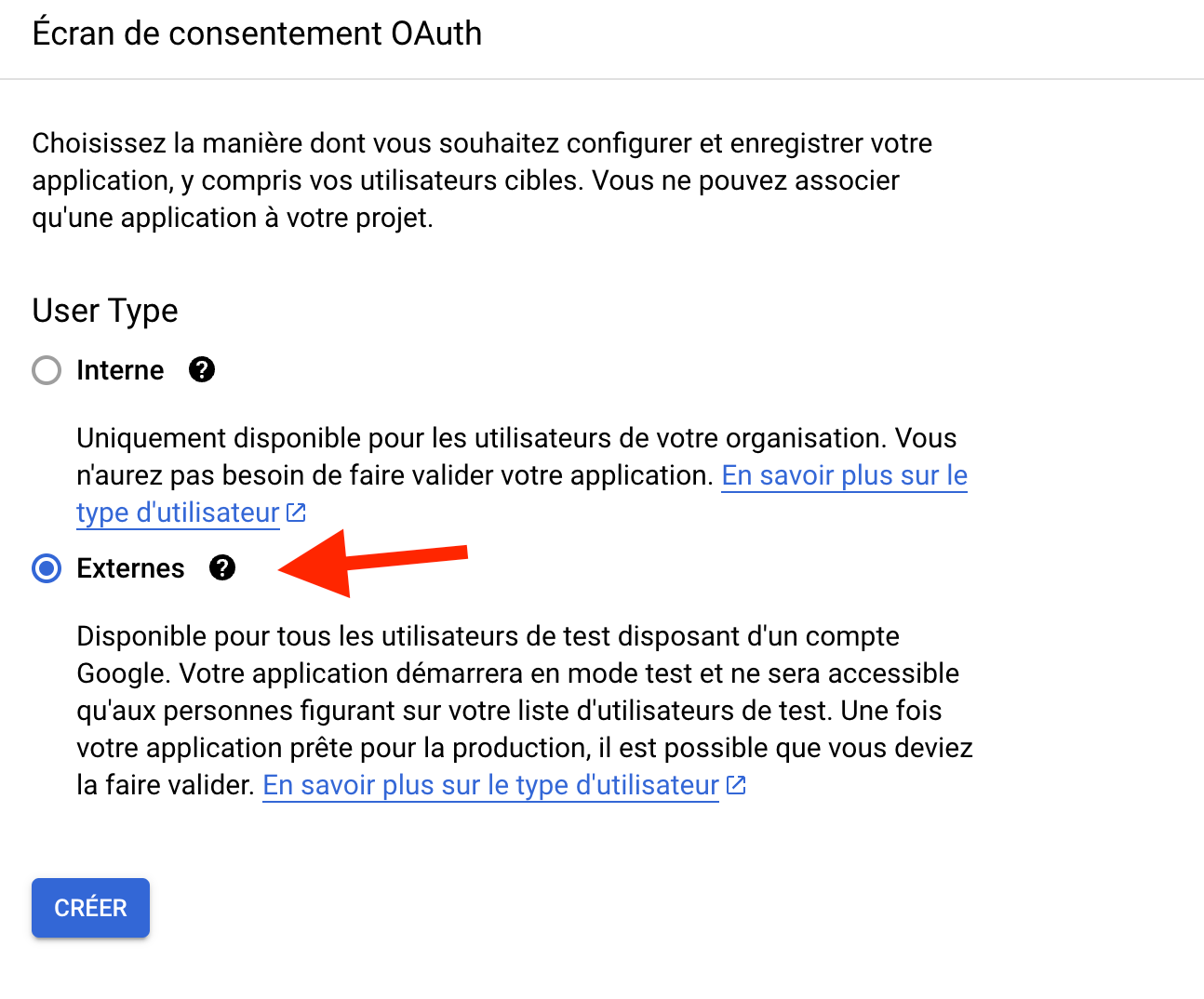 choix du type d'utilisateur dans l'ecran de consentement Oauth