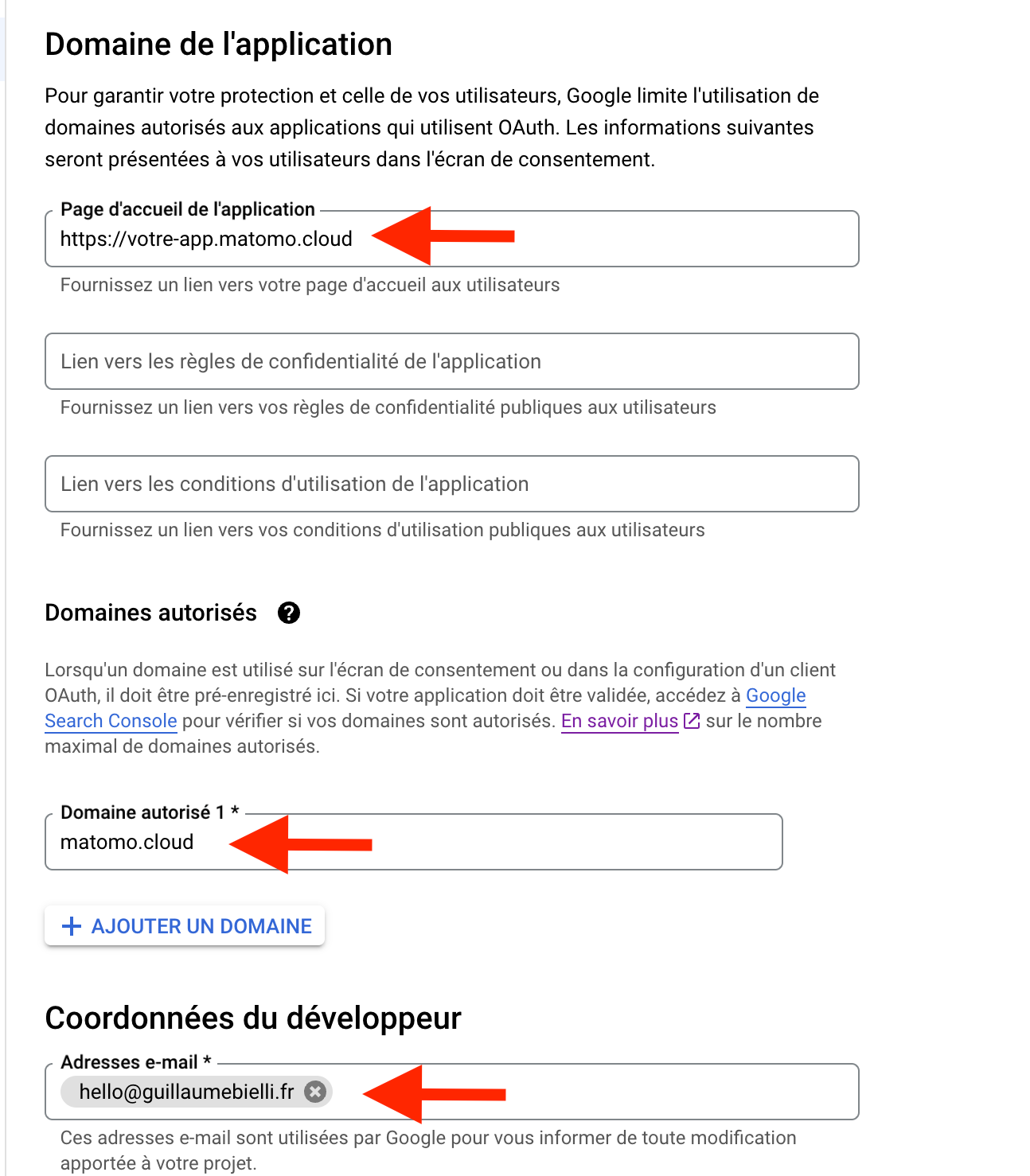 parametrage de l'application Matomo dans google API