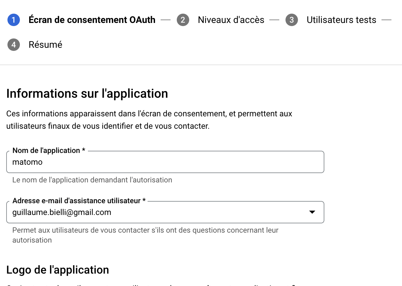 Ajout du nom de l'application Matomo dans Google API