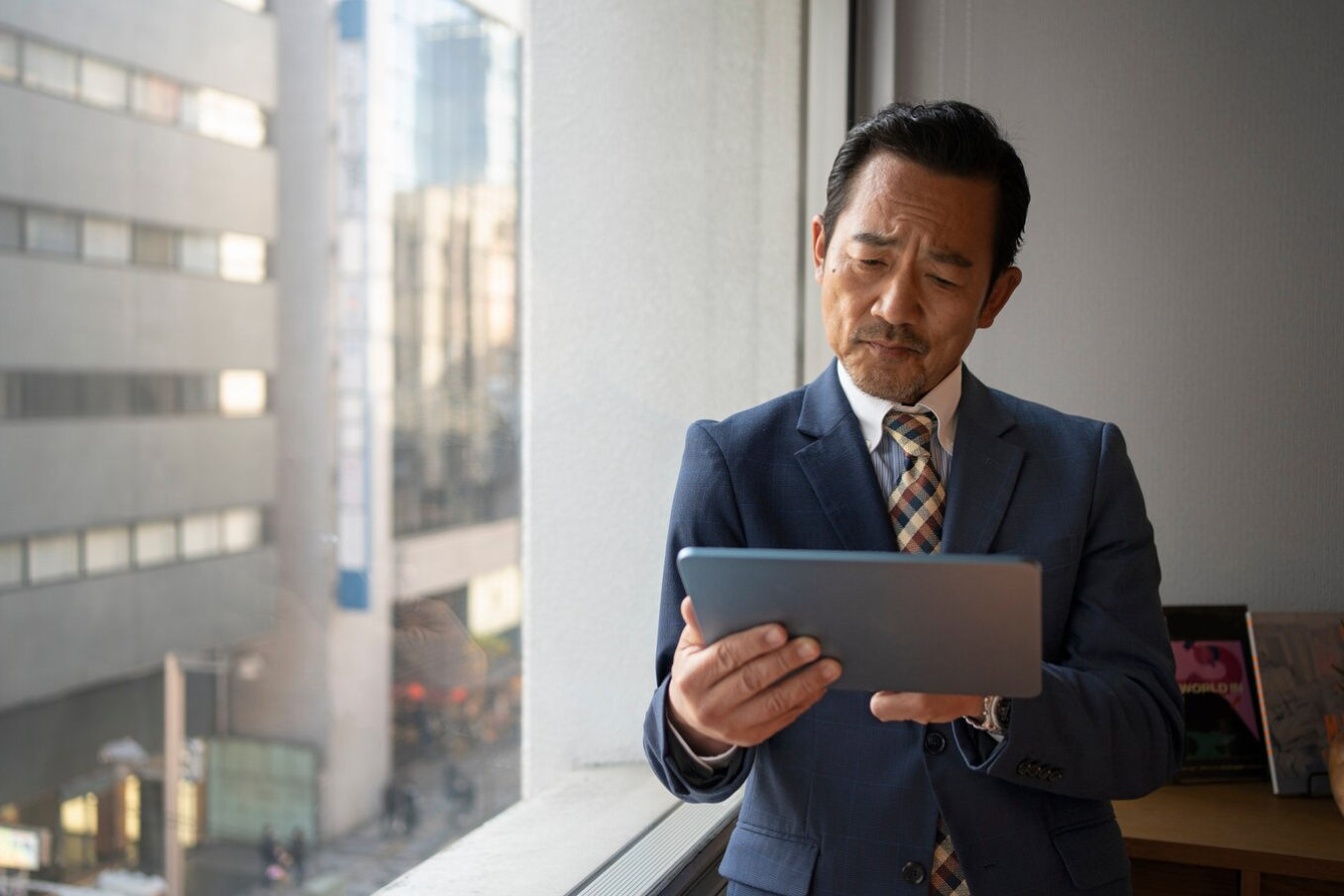 Front view of businessman holding tablet