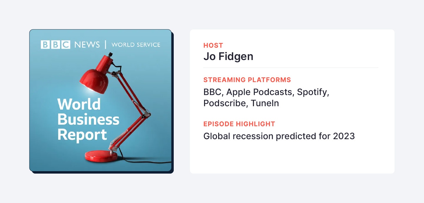 BBC News' 'World Business Report' is hosted by Jo Fidgen, a radio journalist.