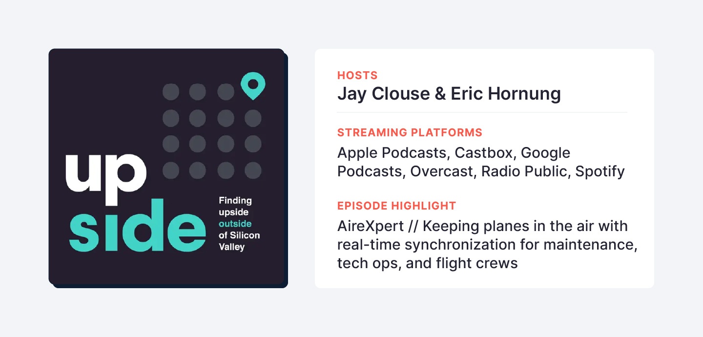 The 'upside' podcast is hosted by Jay Clouse and Eric Hornung. Together they interview hopeful startup founders and let listeners in on the process of pitching to angel investors.