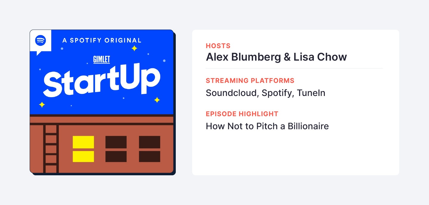The 'StartUp' podcast by Gimlet is hosted by Alex Blumberg and Lisa Chow. Blumberg is an entrepreneur and radio journalist known for his contributions to Planet Money and How to Save a Planet. Chow is currently an economics reporter for WNYC.