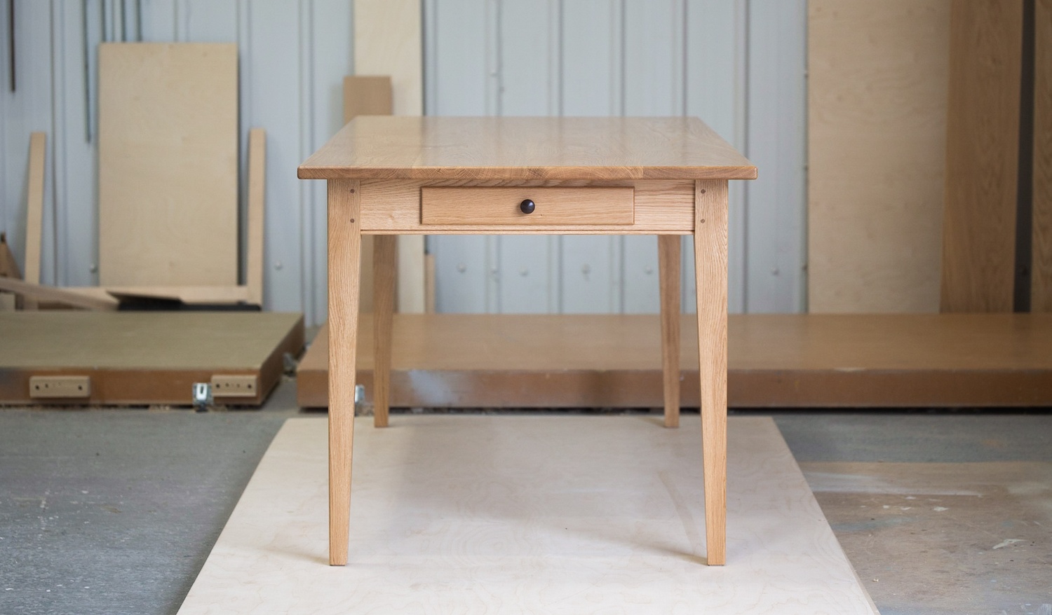 oak kitchen / dining table, shaker style, tapered legs, dovetailed end-rail draw, doweled mortise and tenon joinery