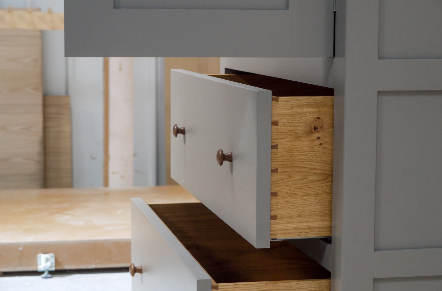 freestanding larder cupboard, oak spice racks, oak dovetailed draws, shaker style