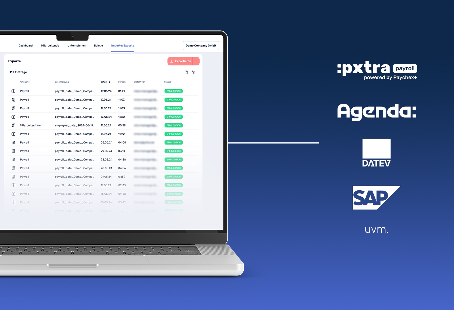 Ansicht der :pxtra-App auf einem Laptop mit Schnittstellen zu DATEV, SAP etc.