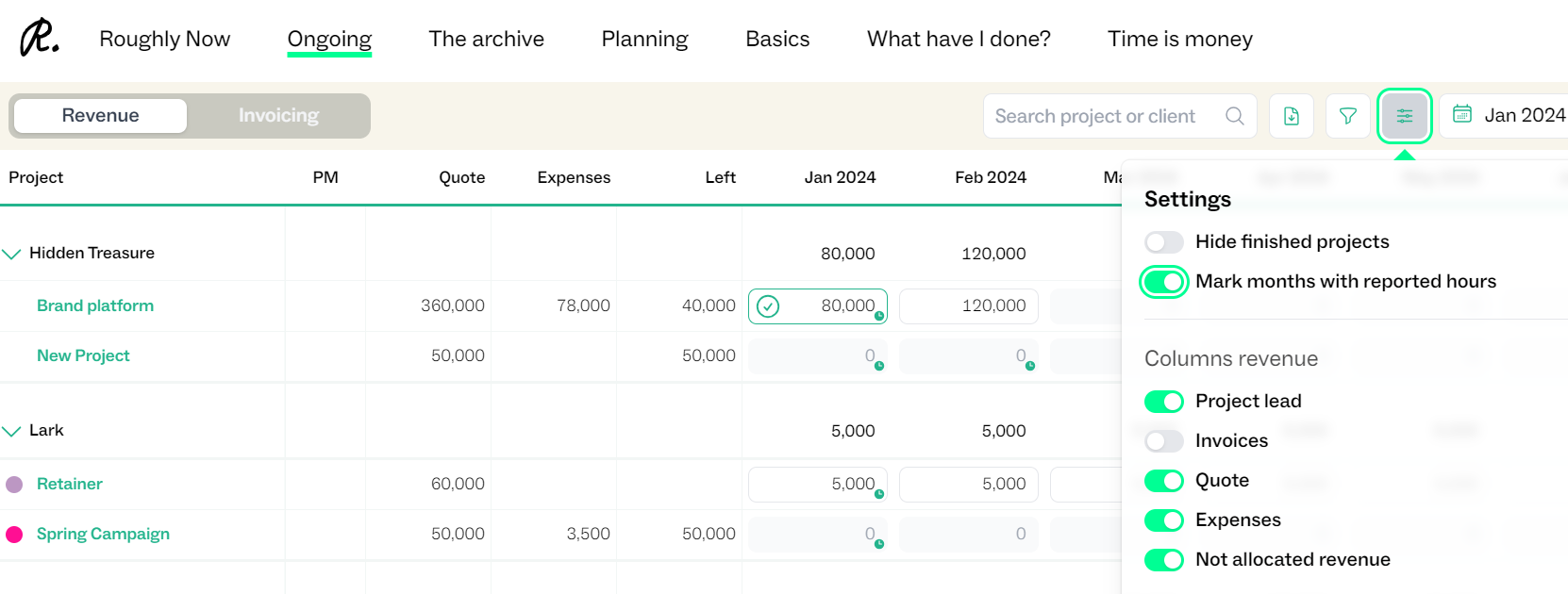 Time reported in project list