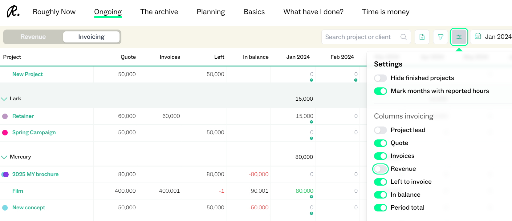 Column settings in invoice list