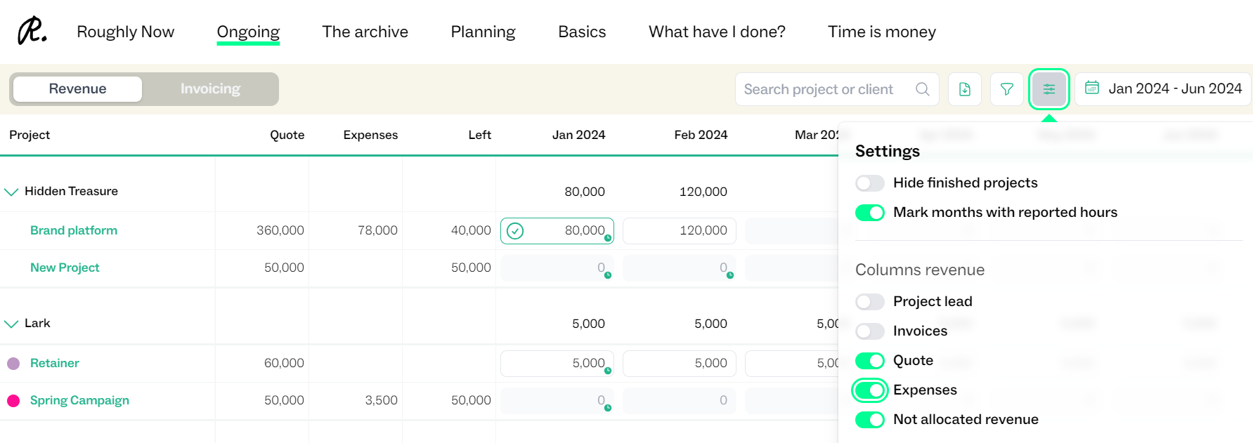 Column settings in project list