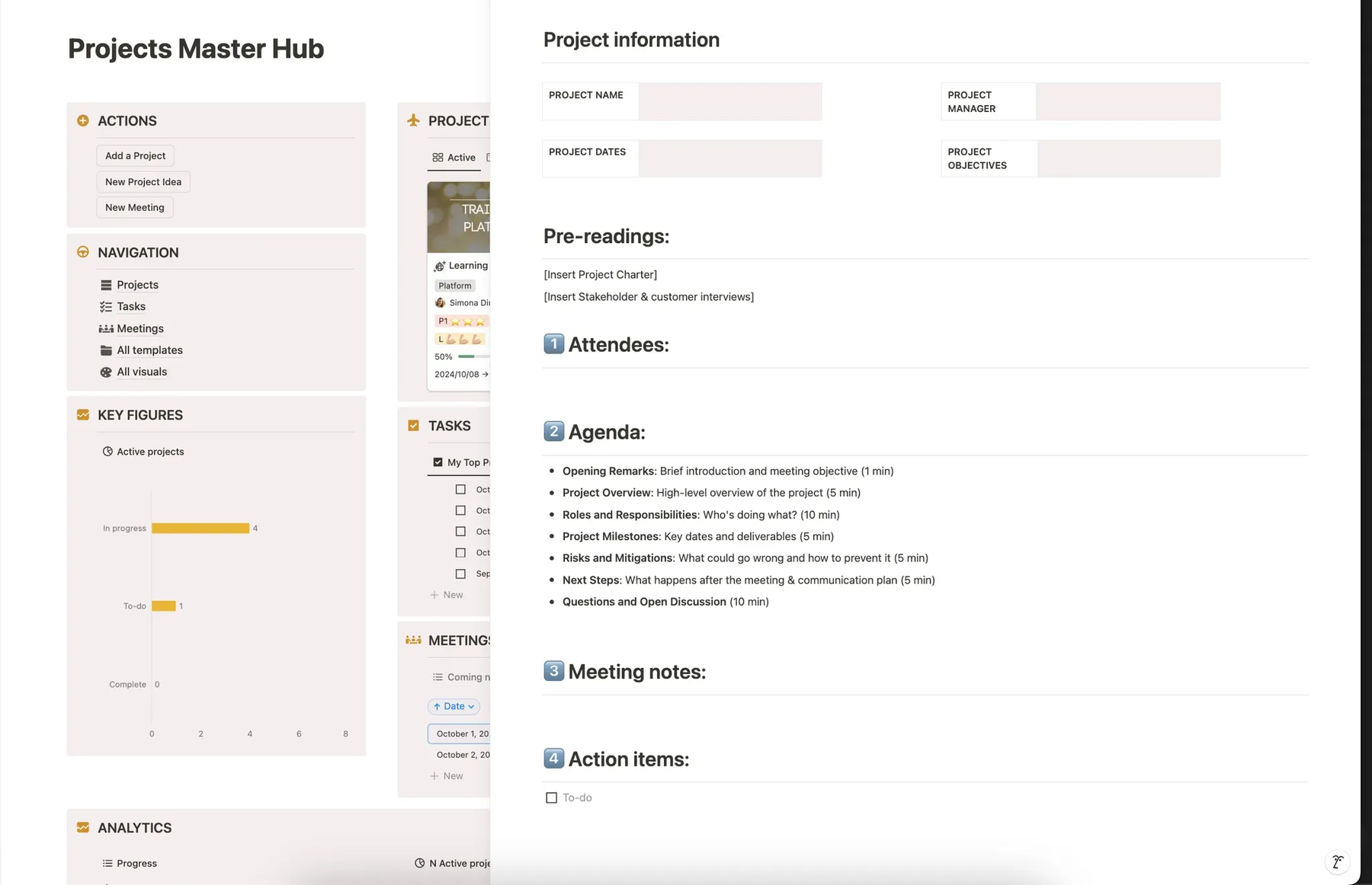 Screenshot of the project kick-off template from the Project Management Suite Template by ManagerHacks