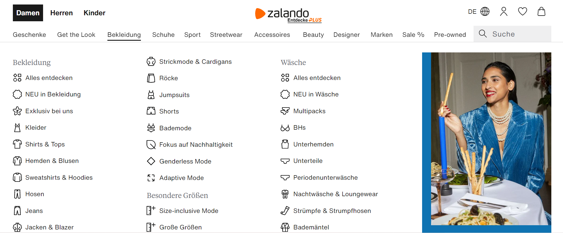 Screenshot: Beispiel einer horizontalen Dropdown-Navigation einer Desktop-Website (Quelle: https://www.zalando.de/damen-home/)