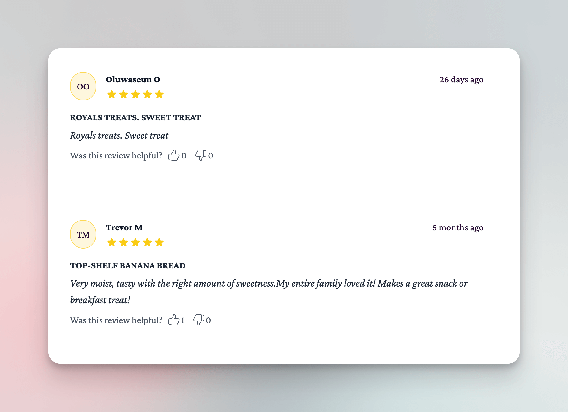 Screenshot of a reviews section on the treatsroyale.ca website