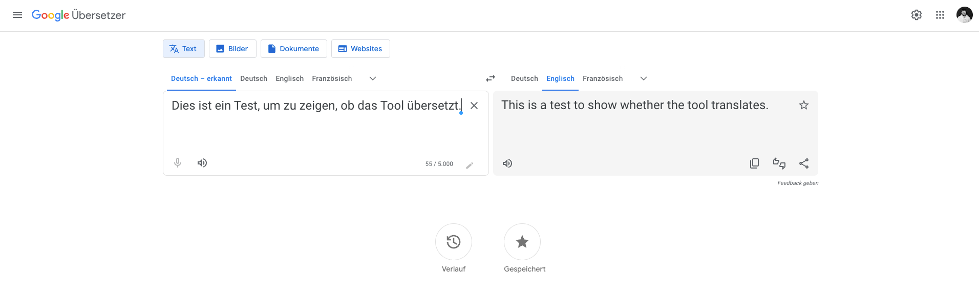 Screenshot von Übersetzungsprogramm Google