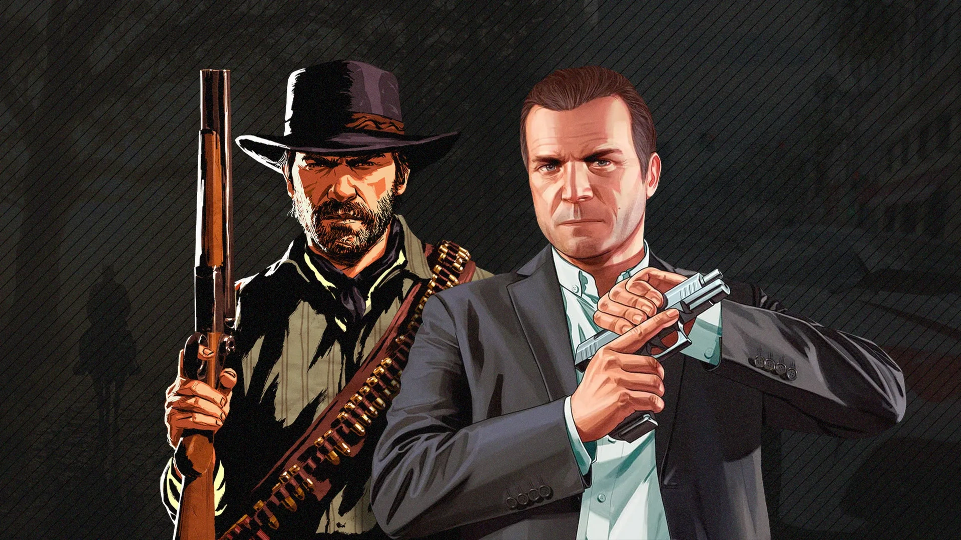 Imagem mostrando os protagoinstas de Red Dead Redemption à esquerda, e de GTA V à direita