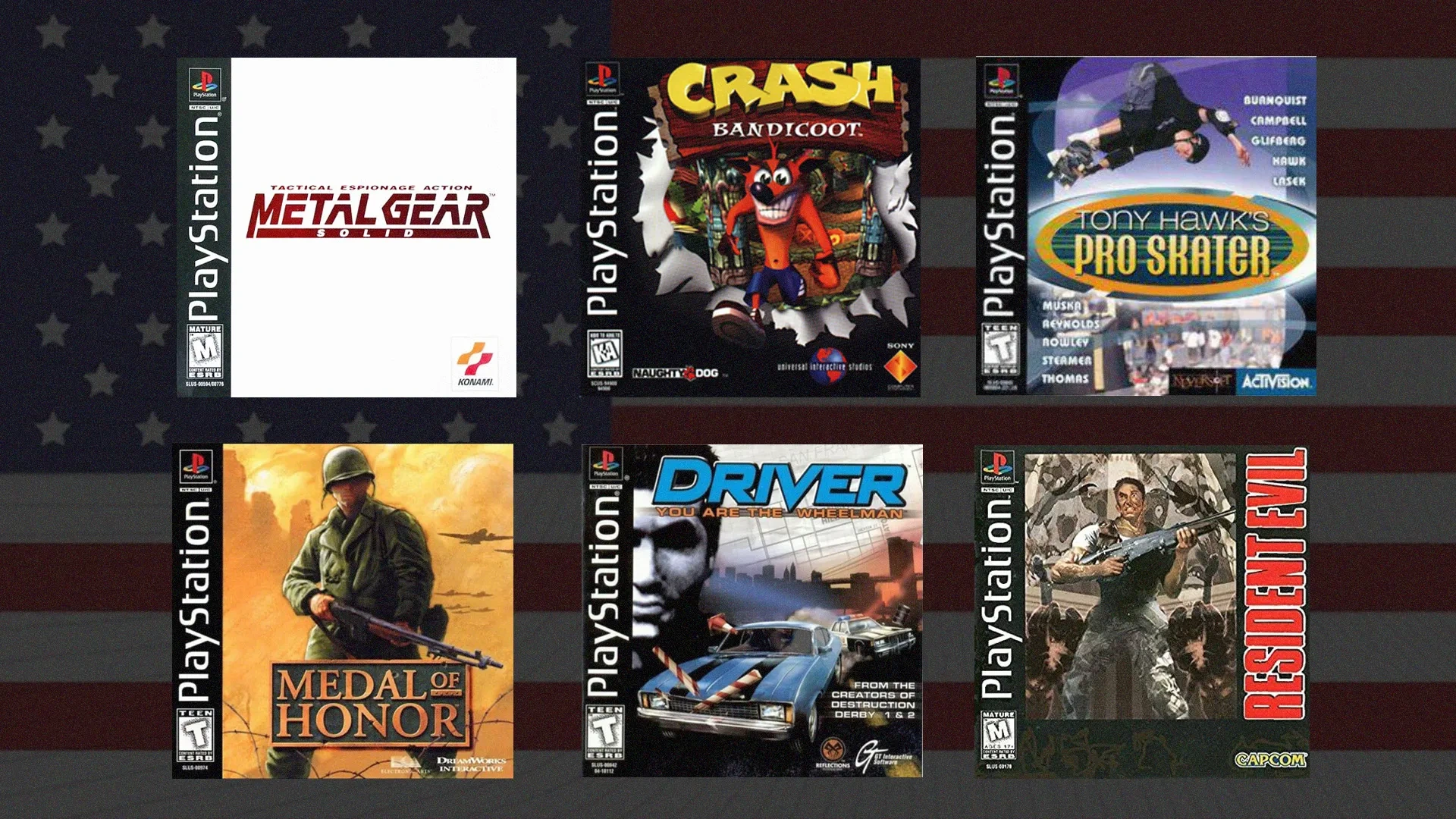 Capa de seis jogos: Metal Gear Solid; Crash Bandicoot; Tony Hawk's Pro Skater; Medal of Honor; Driver e Resident Evil