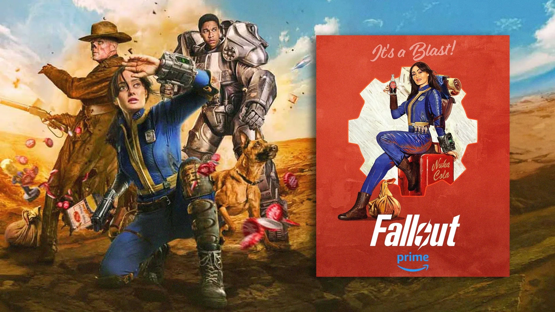 Uma arte da série de TV Fallout à esquerda e a capa da série à direita