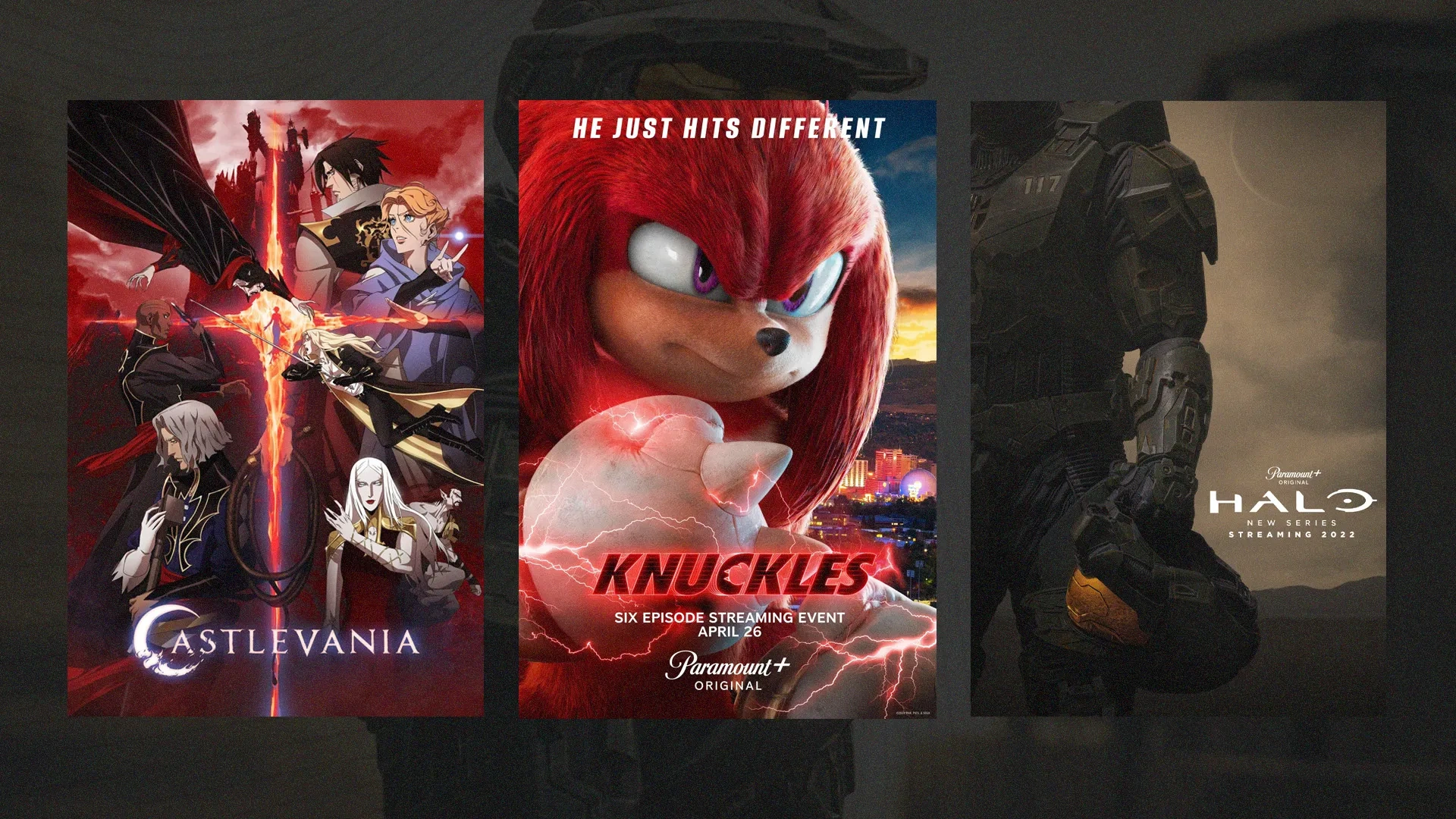 Capas das séries Castlevania, Knuckles e Halo, da esquerda para direita