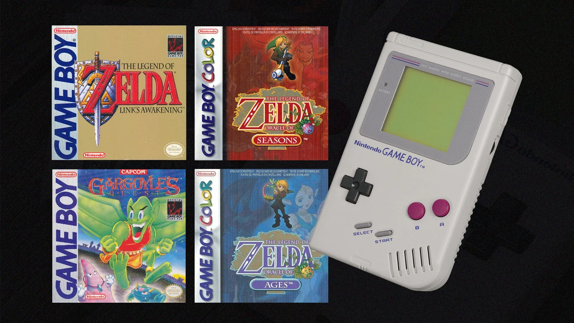 Quatro jogos de Game Boy à esquerda: The Legend of Zelda: Link's Awakening, Gargoyle's Quest, The Legend of Zelda: Oracle of Ages e Oracle of Seasons, e um Game Boy à direita