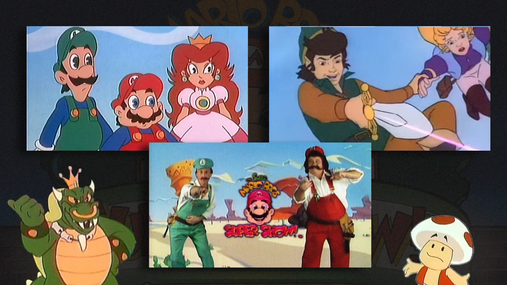 Imagem dos desenhos do super mario bros. à esquerda, do the legend of zelda à direita, e ao centro imagem dos atores que faziam os trechos em Live-Action, e aos lados imagem do Toad, e o King Koopa, o protótipo do Bowser