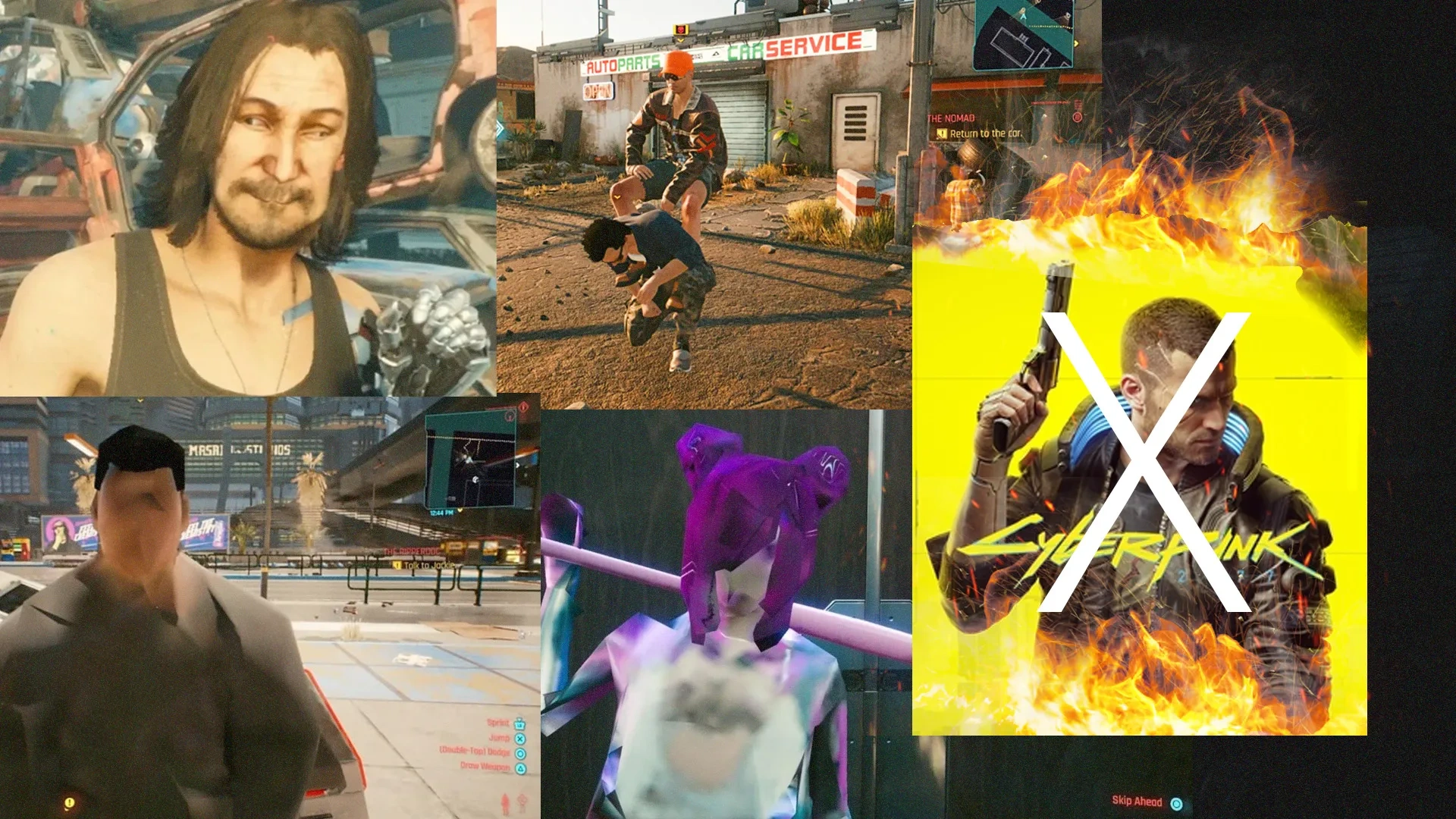 Quatro imagens de bugs, de personagens deformados ou mal renderizados e à direita a capa do Cyberpunk 2077 pegando fogo e com um X sobre o protagonista V