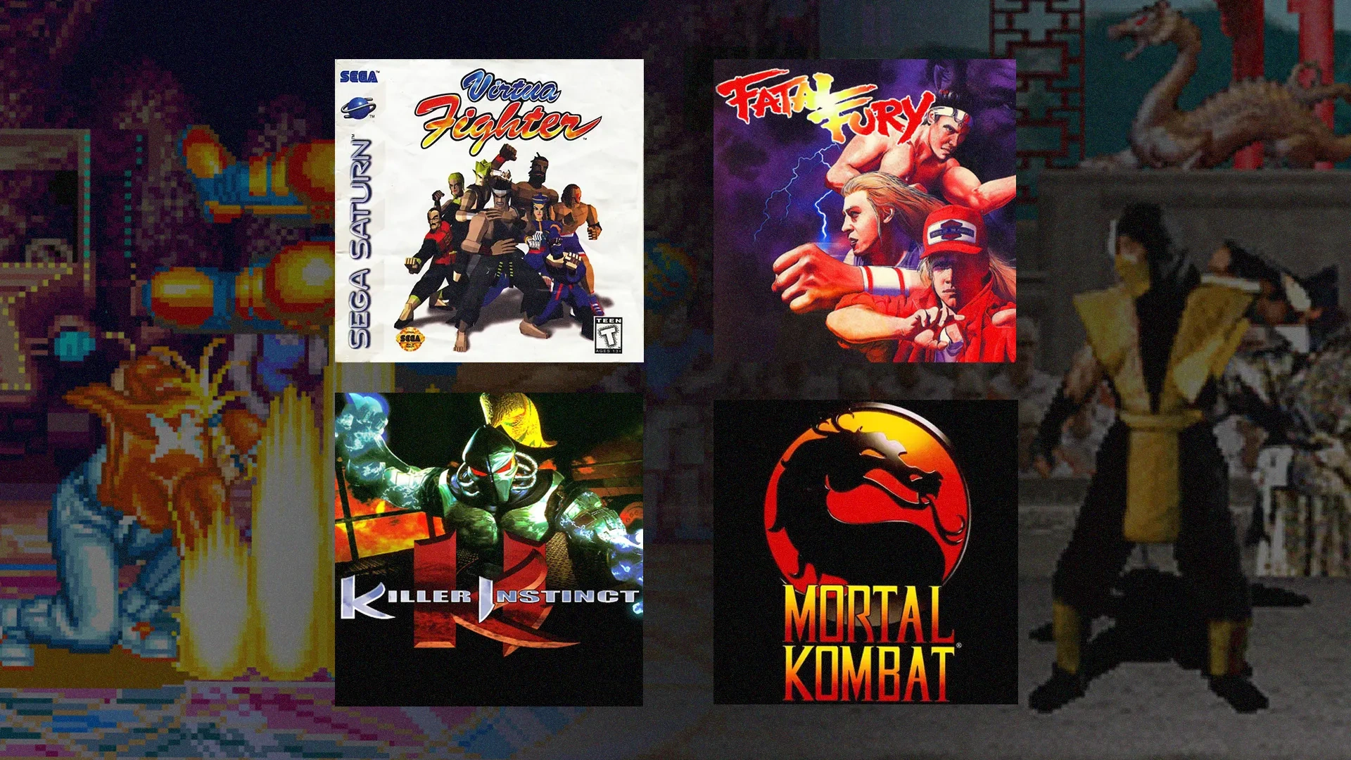 captura dos jogos Fatal Fury e Mortal Kombat no plano de fundo, e as capas dos jogos Virtua Fighter, Killer Instinct, Fatal Fury e Mortal Kombat, da esquerda para a direita, de cima para baixo