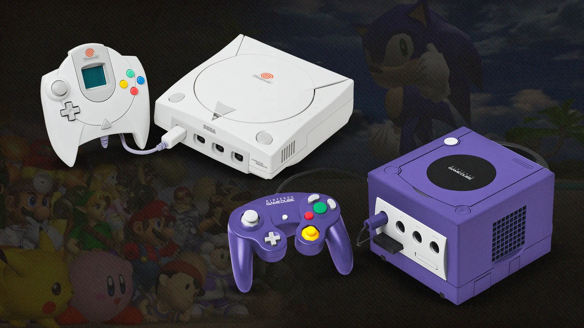 Dreamcast a esquerda com imagem durante o jogo de Sonic Adventure a direita;  imagem do joog Super Smash Bros Melee a esquerda, e Nintendo Gamecube a direita