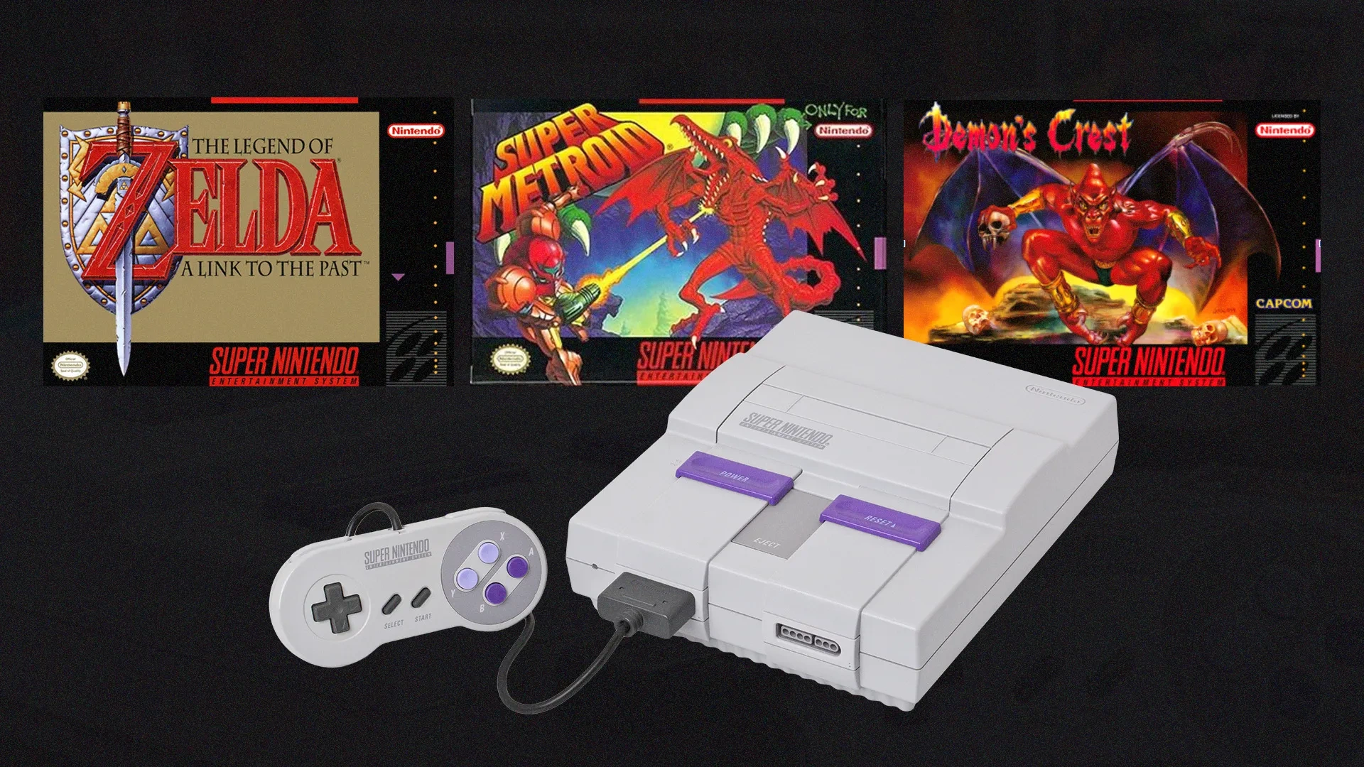 Imagem de um Super NES Com três jogos atrás: The Legend of Zelda: A Link to the Past, Super Metroid e Demon's Crest