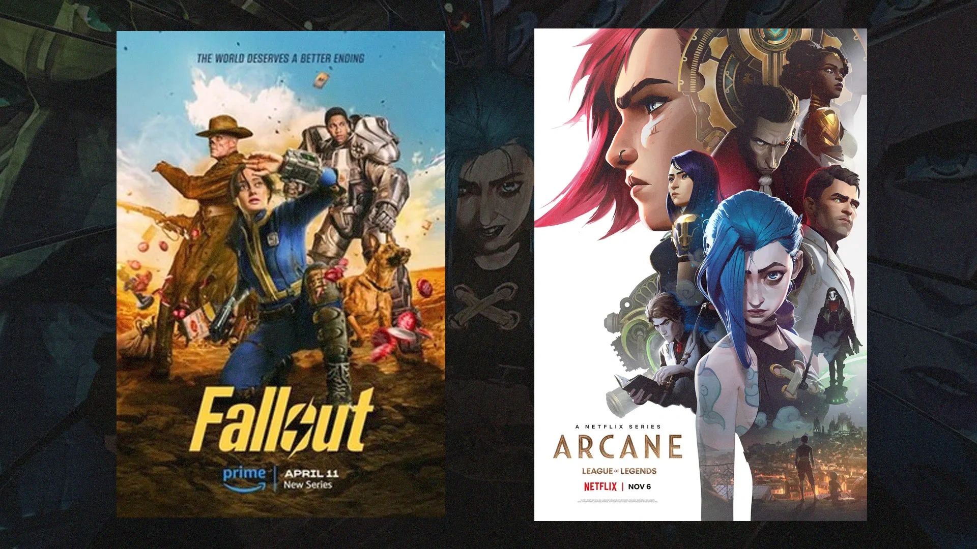 Capas da Série Fallout à esquerda e Capa da Série Arcane à direita