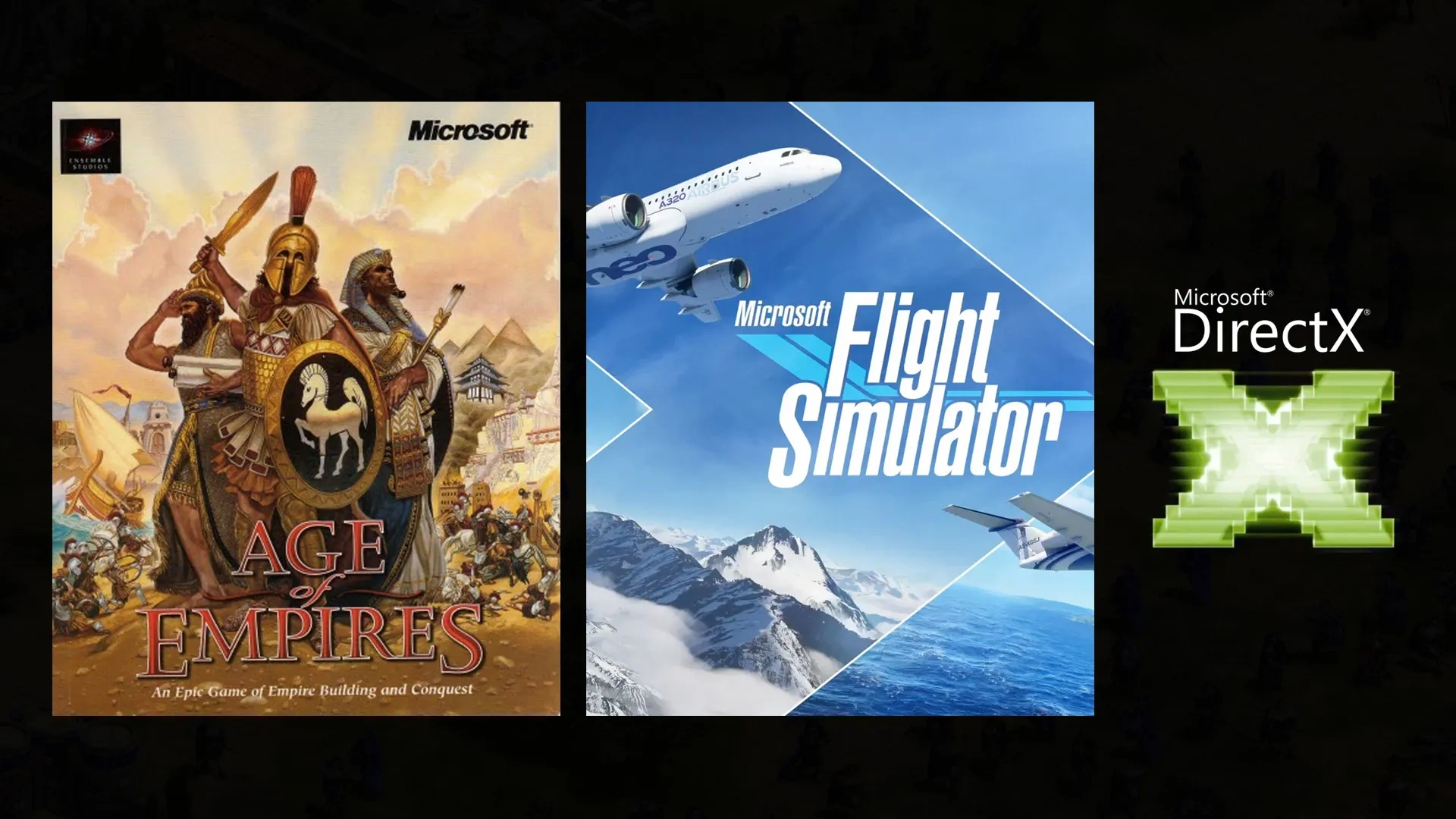 À esquerda a capa do jogo Age of Empires, ao centro a capa do jogo Flight Simulator e à direita o logo do DirectX