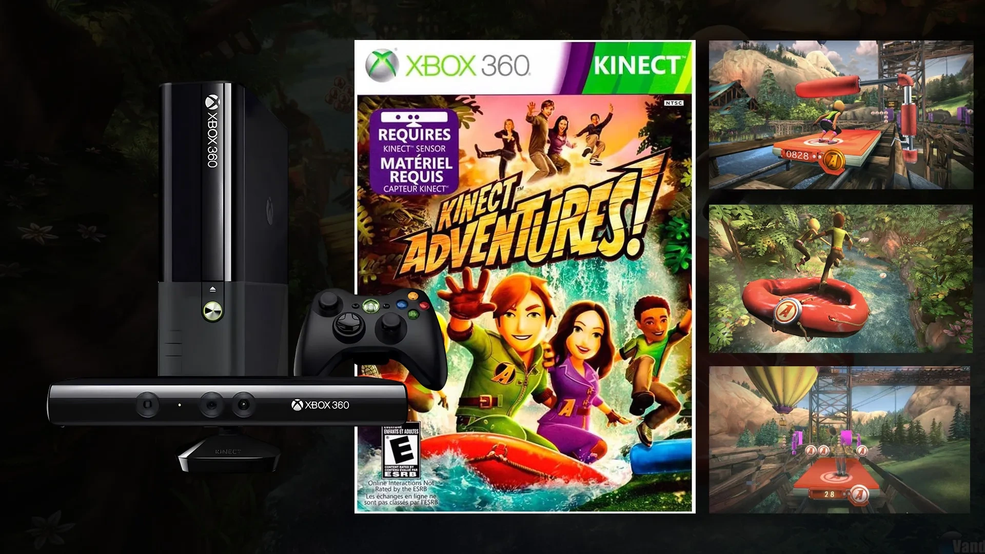 Xbox 360, com um Kinect à esquerda, A capa do jogo Kinect: Adventures e imagens do jogo à direita