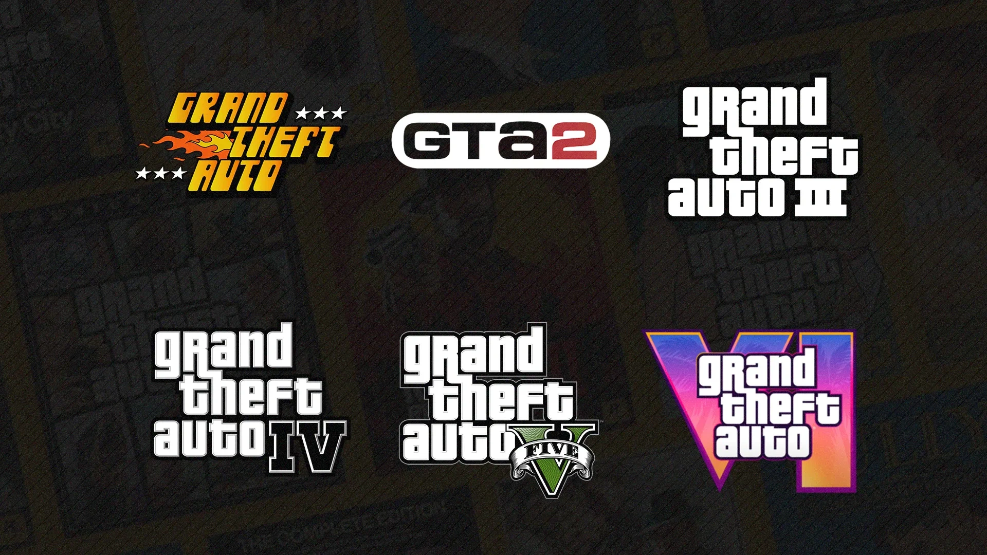 Da esquerda para à direita, de cima para baixo, a imagem de cada um dos logos dos 6 jogos principais da série GTA