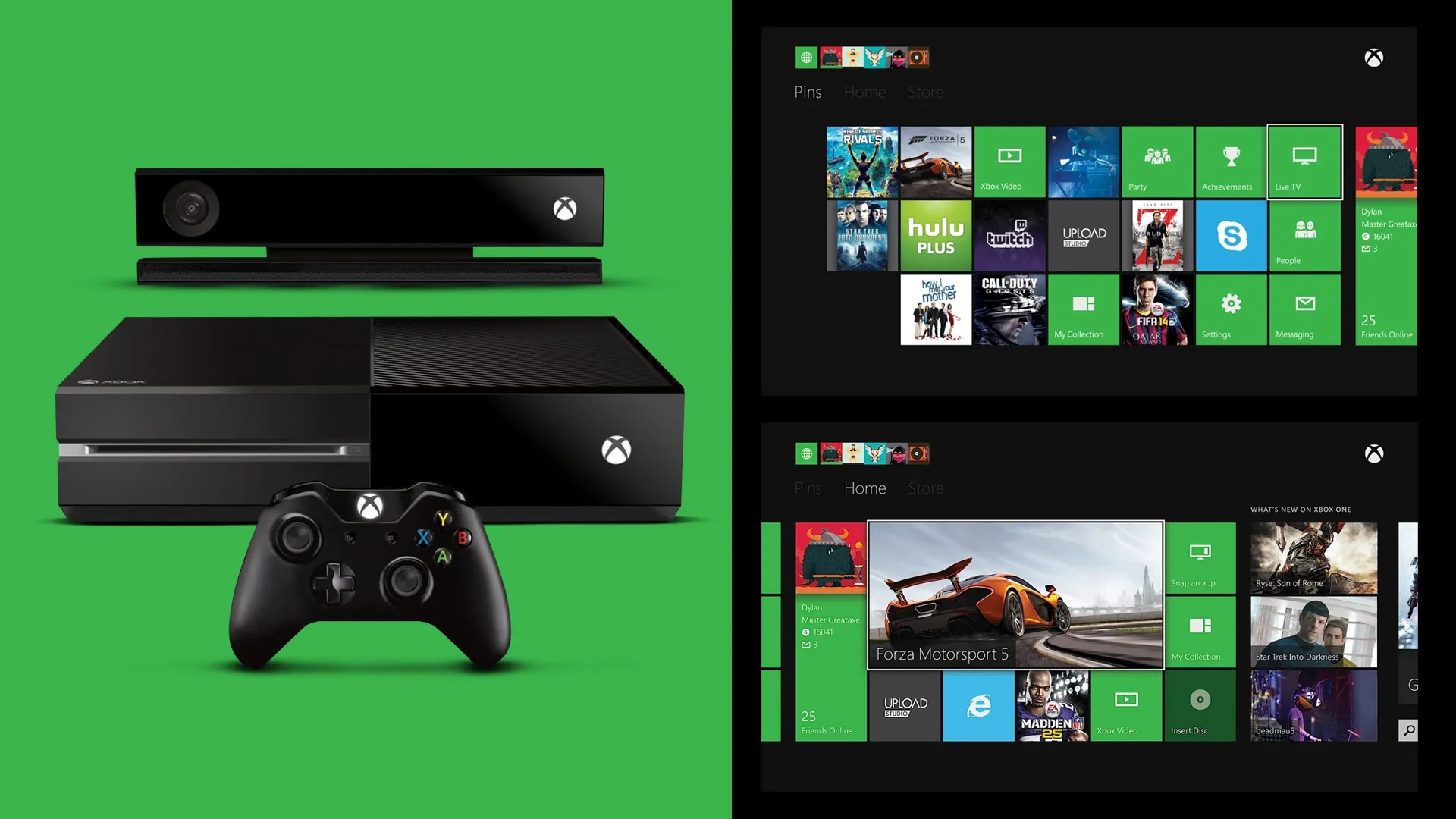 Xbox One, Controle e Kinect a esquerda, e a direita a interface do console