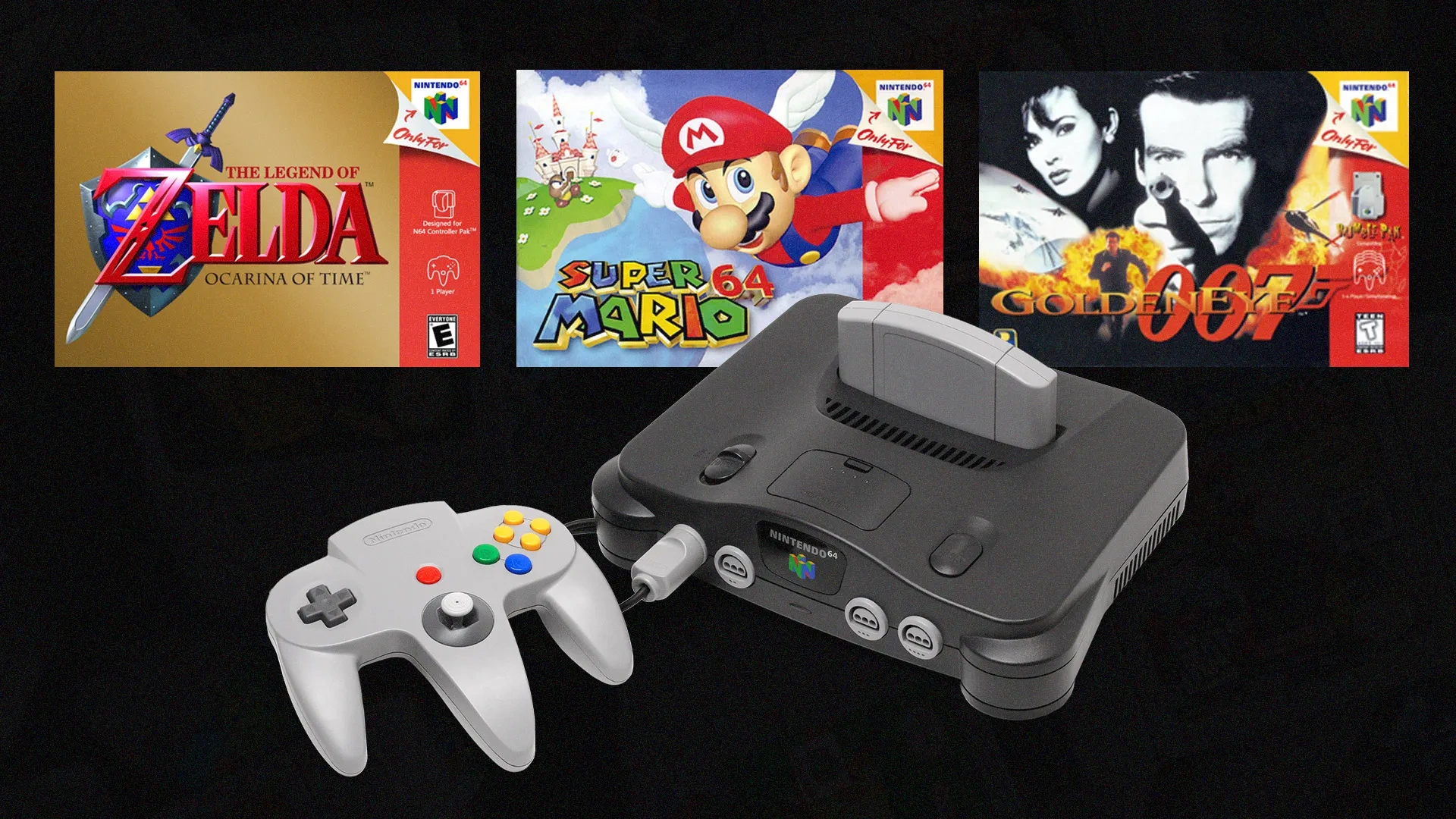 Uma imagem de um Nintendo 64, com três jogos ao fundo: The Legend of Zelda: Ocarina of Time, Super Mario 64 e 007 GoldenEye