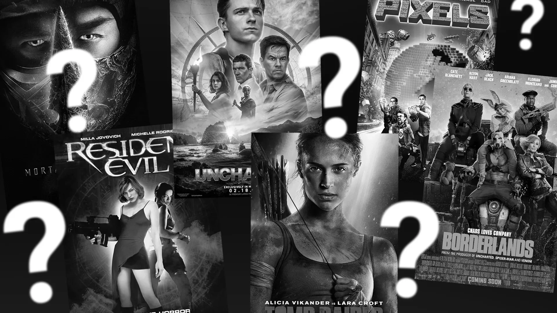 Vários posters de filmes diferentes com ponto de interrogação em suas frentes, da esquerda para direita: Mortal Kombat, Resident Evil, Uncharted, Tomb Raider, Pixels e Borderlands 