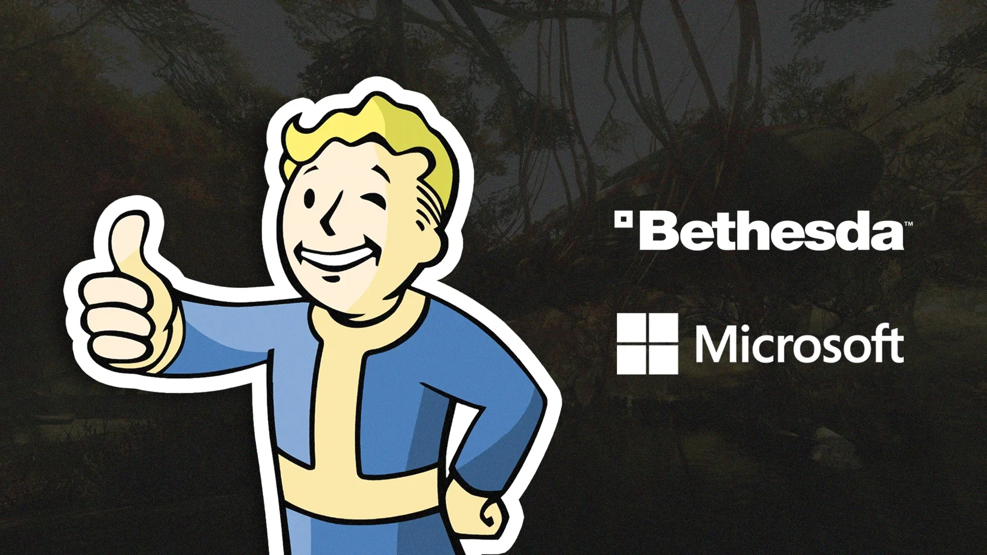 O Vault Boy fazendo um sinal de positivo à esquerda, e os nomes das empresas Bethesda e Microsoft à direita