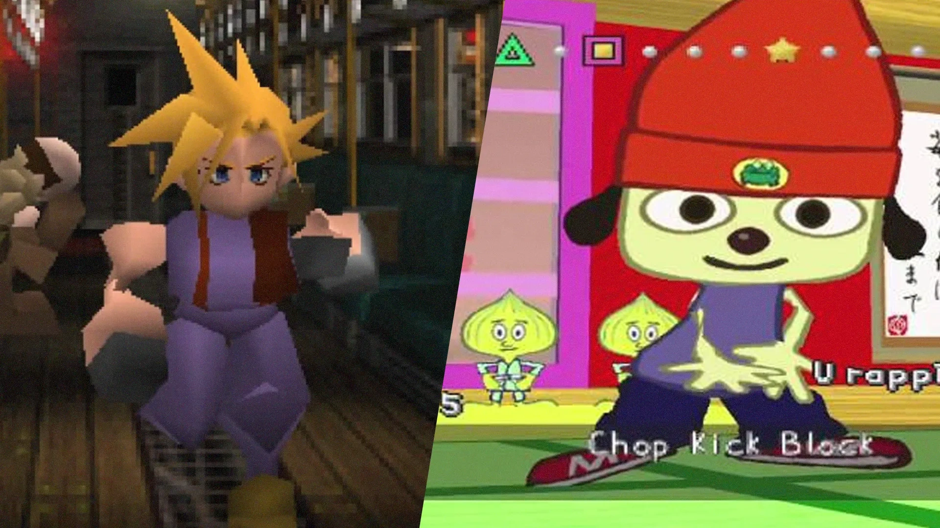 Imagem de captura do jogo Final Fantasy VII à esquerda e Parappa the Rapper à direita