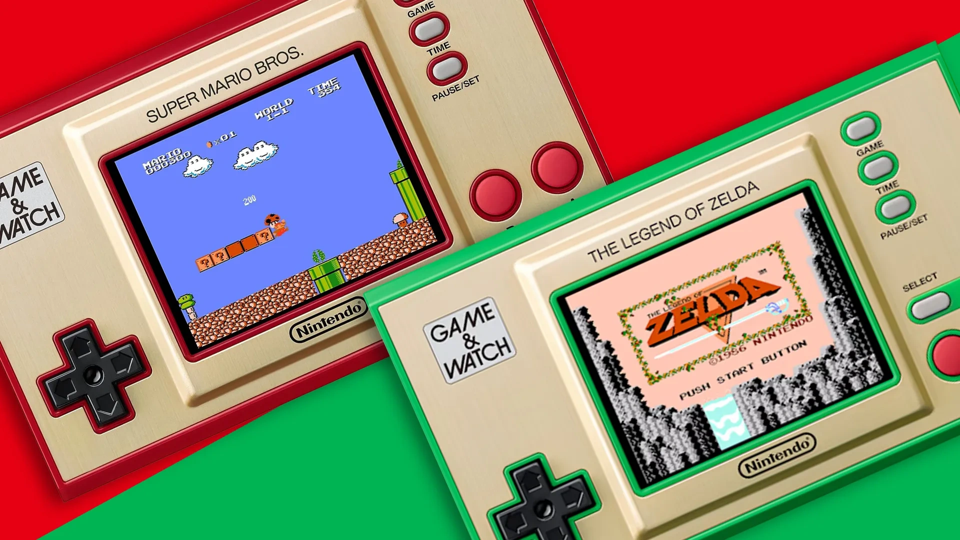 Game & Watch Modernos: Super Mario Bros. 35th Anniversary Edition (2020) a esquerda e The Legend of Zelda 35th Anniversary Edition (2021) a direita