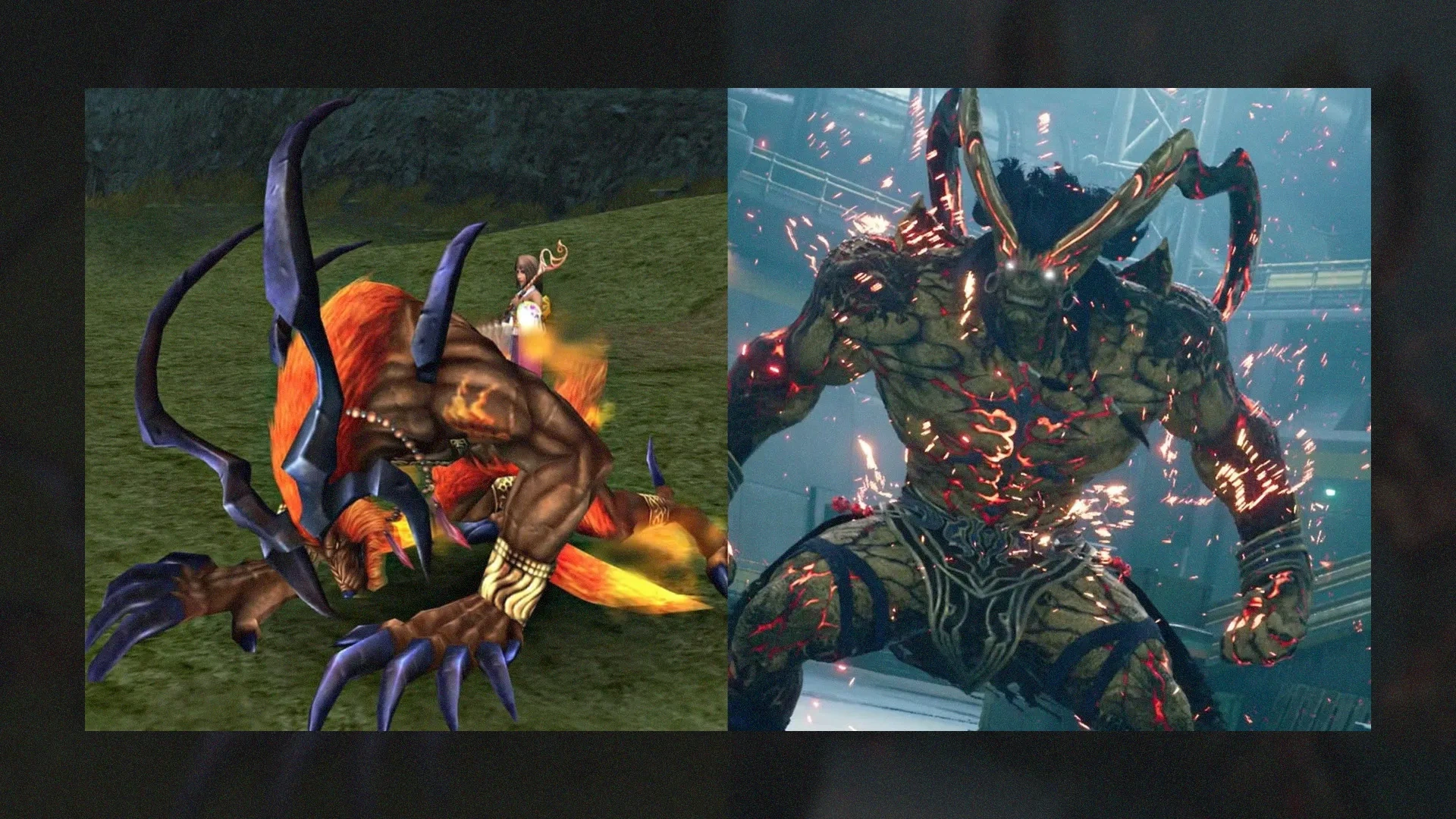 Imagem da invocação Ifrit do Final Fantasy 10 à esquerda, e imagem da versão do Ifrit de Final Fantasy 7 Remake à direita.