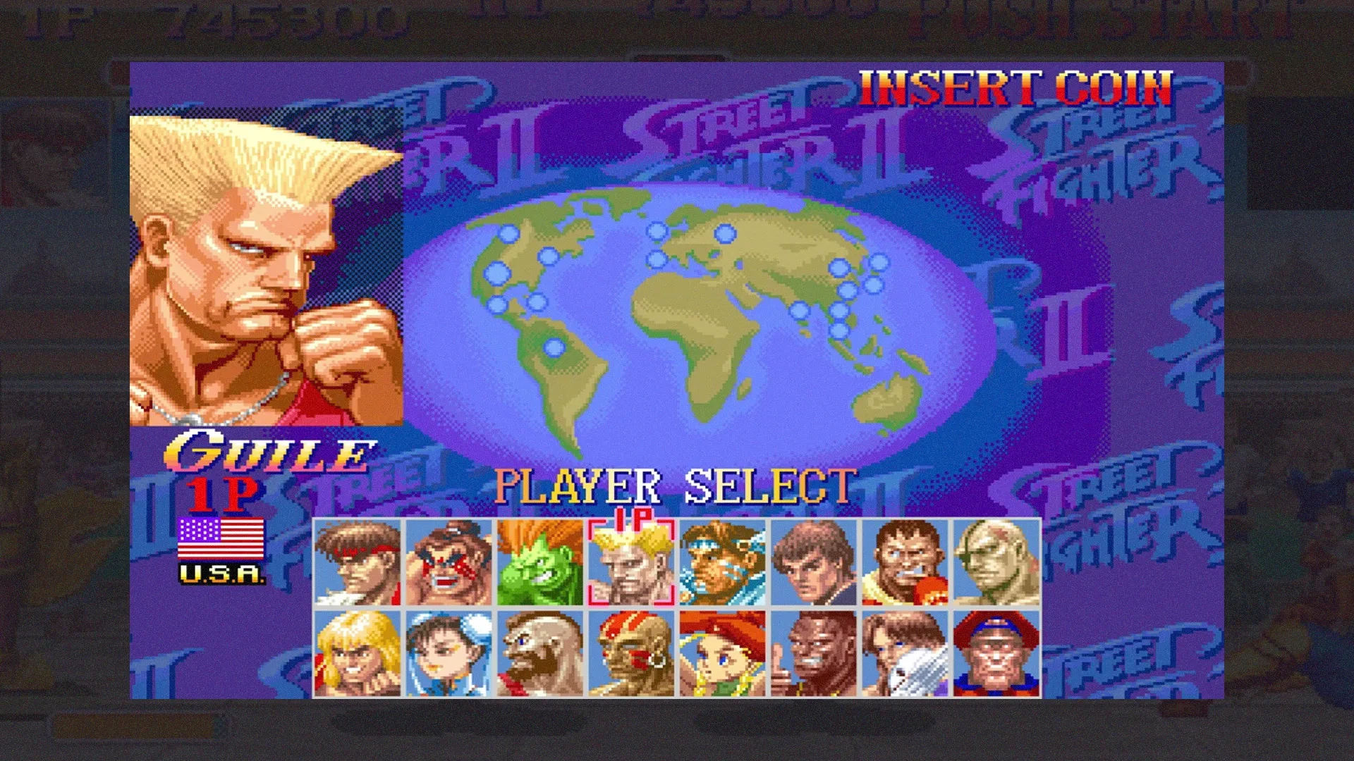 Tela de seleção dos personagens do Super Street Fighter Turbo, com todos os 16 personagens visíveis