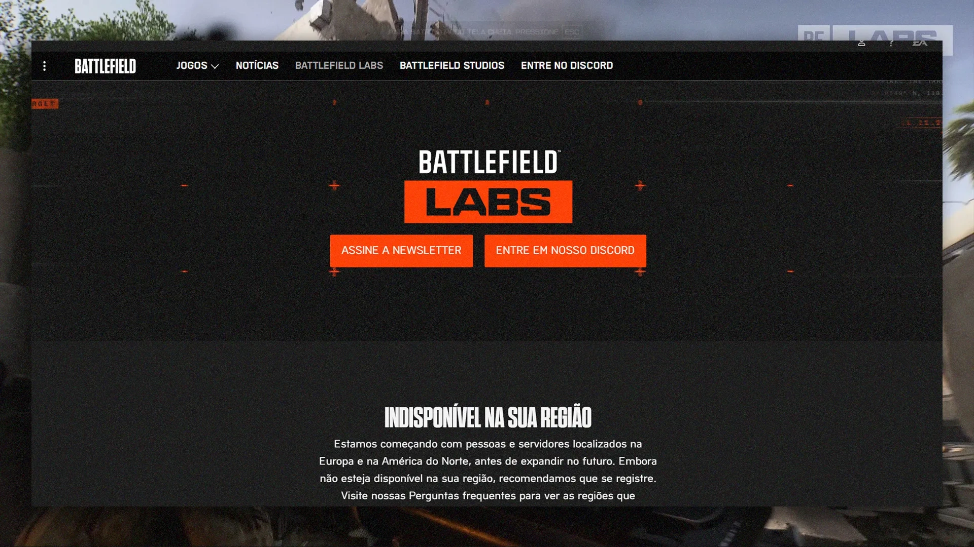 Página do site oficial do Battlefield Labs