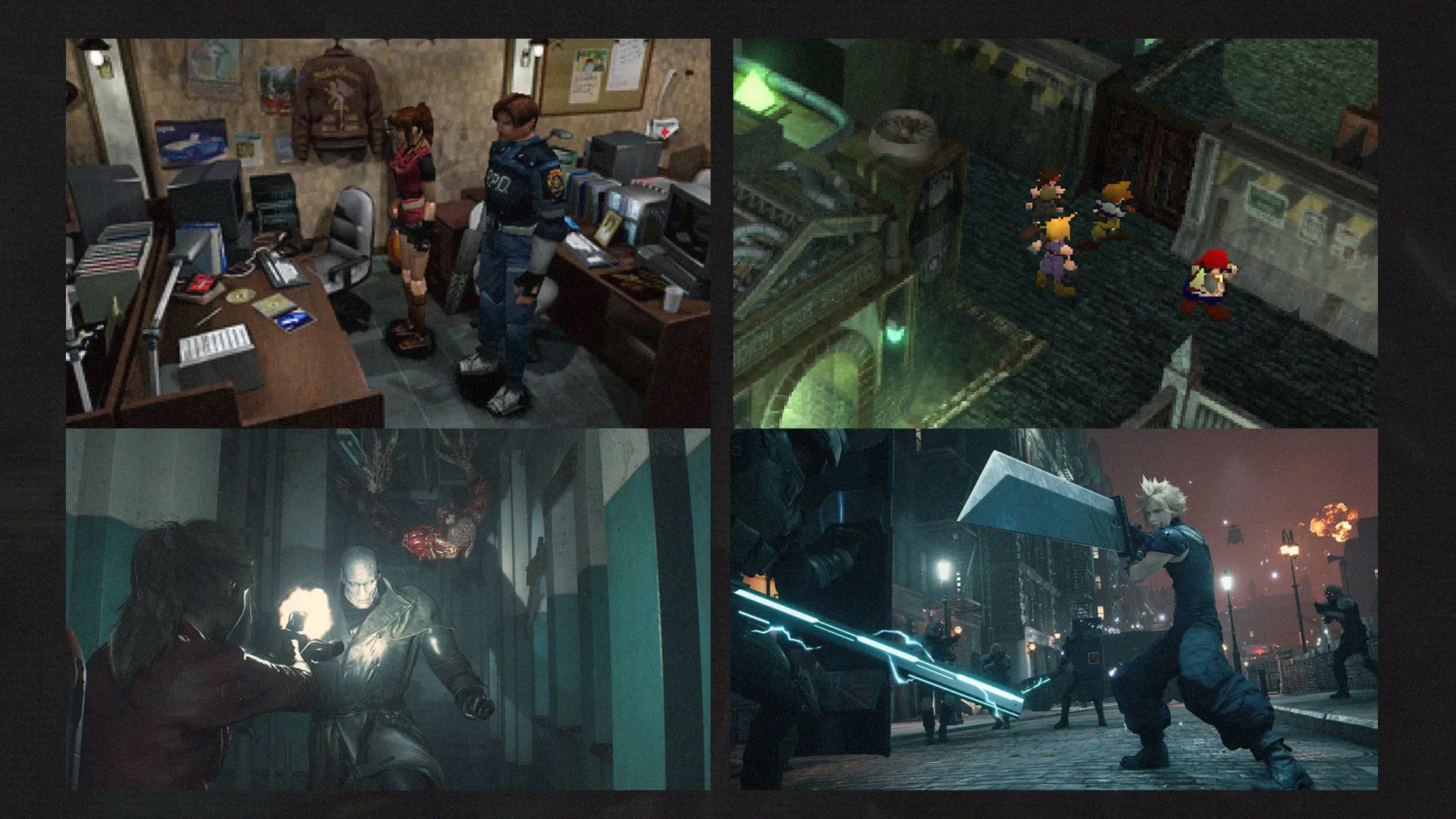 De cima para baixo, à esquerda temos as imagens do Resident Evil 2 original, e o Resident Evil 2 Remake, e à direita, imagem do Final Fantasy VII original, e Final Fantasy VII Remake