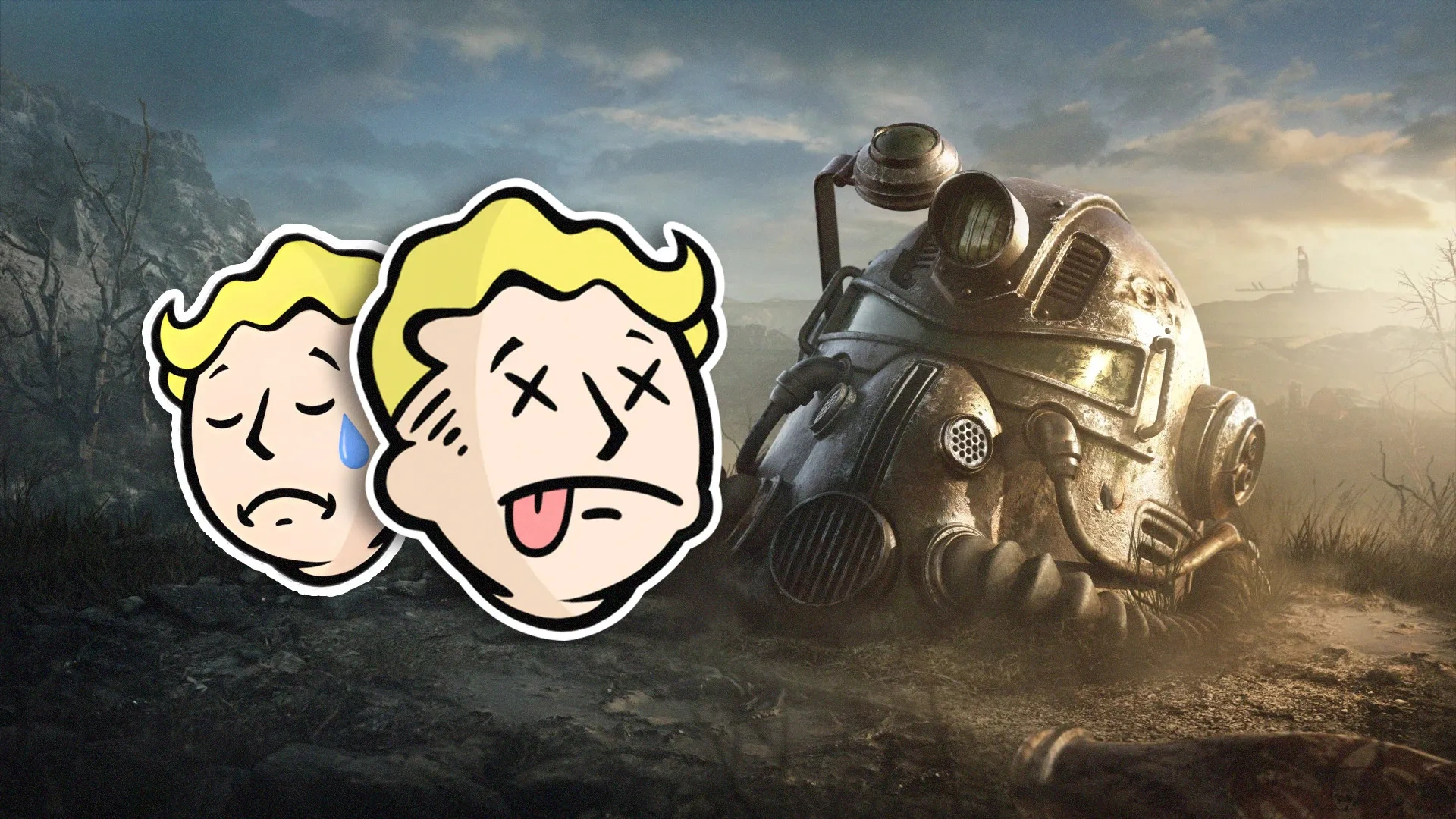 figurinha do Vault Boy triste e  morto à esquerda, e um capacete da power armor no chão à direita